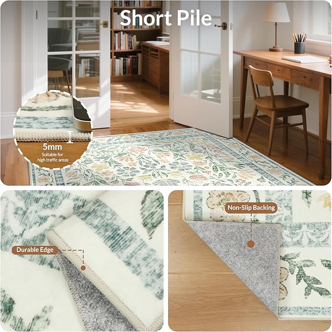 GENIMO 5x7 Washable Area Rug, Non-Slip Vintage Boho Floral Carpet, Soft Low-Pile Thin Bedroom Rug for Living Room, Dining Room, Nursery, Green