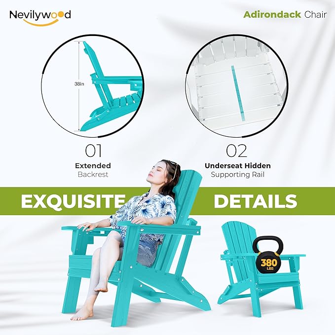 nevilywood Folding Adirondack Chair with Cup Holder Set of 4, HDPE Patio Chairs,All-Weather Outdoor Chairs for Backyard, Deck,Fire Pit-Aruba