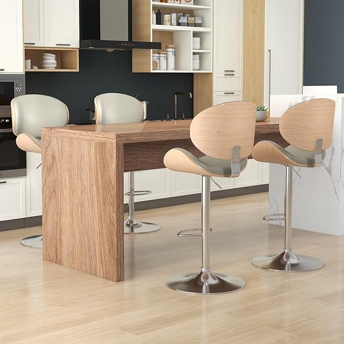 KCC Bar Stools Set of 4, Swivel Adjustable Height Barstools, PU Leather Upholstered Bar Chairs with Footrest, Bentwood Bar Stool for Kitchen, Bar, Dining Room(Grey PU)