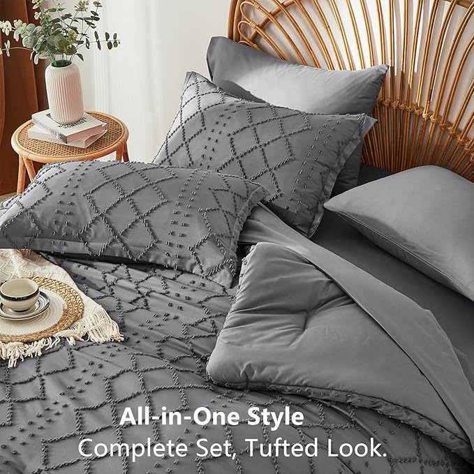 Dark Grey Tufted Comforter Set Queen Size 7 Piece Bed in a Bag,Shabby Chic Boho Comforter and Sheet Set,All Season Soft Microfiber Complete Bedding Set(Dark Grey,90"x90")