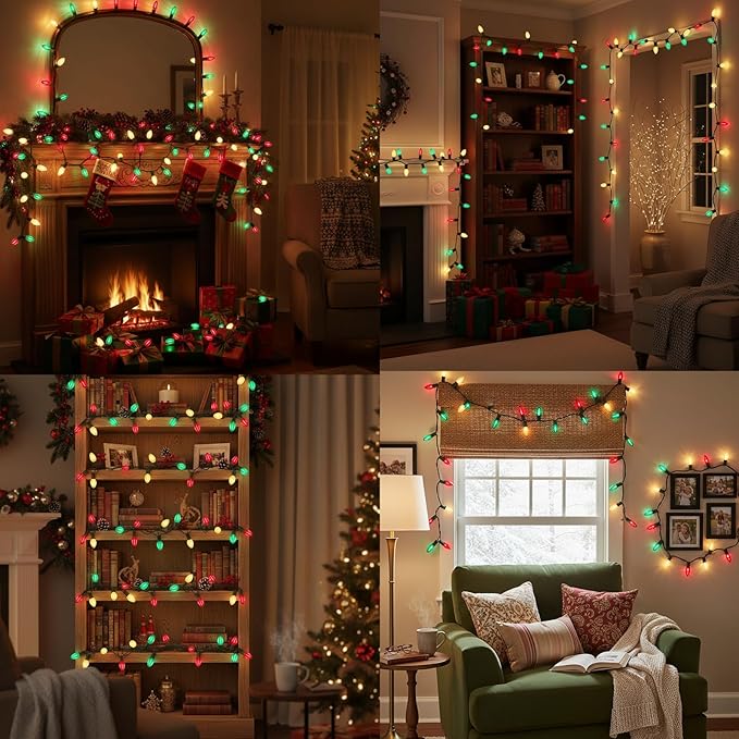 C7 LED Christmas Lights Outdoor,25ft LED Clear Red White Green Christmas Lights with 27 LED Bulbs(2 Spare),Connectable Christmas Decorations Light for Indoor Outdoor Home Party Garden Yard