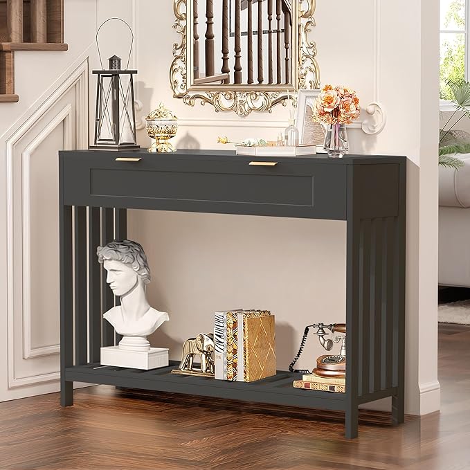Console Table with Drawers Narrow Entry Table with Large Drawer & Open Storage Slats Shelf, Wooden Long Behind Couch Sofa Table for Living Room,Entryway, Foyer, Hallway(Black)