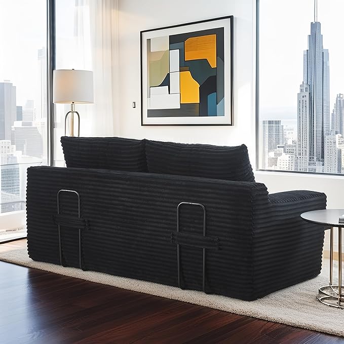 Fefances Loveseat Sofa Bed Boneless Couch, Convertible 2-in-1 Design, Corduroy Fabric - Compact Memory Foam Couch for Small Spaces, Apartments, Home Office & Bedroom (Black)