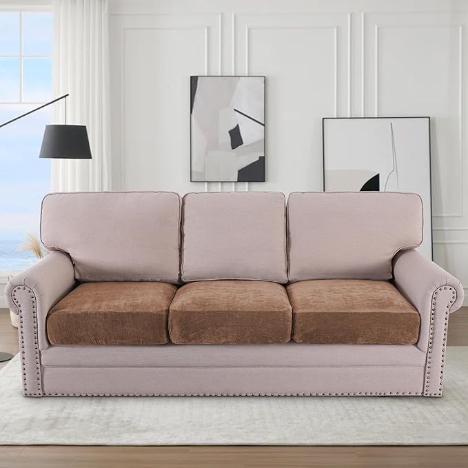 H.VERSAILTEX Stretch Chenille Couch Cushion Cover Soft Sofa Covers Individual Seat Couch Slipcover Sets Furniture Protector Seat Cushion Sofa Cover (3 Piece Sofa Cushion Covers, Caramel)