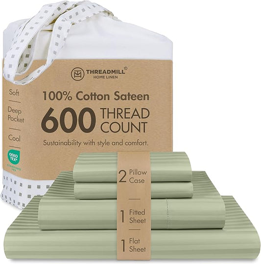 Threadmill 100% Cotton Sheets for Queen Size Bed - 600 Thread Count Queen Bed Sheets Set with 16” Deep Pocket - Damask Stripe Sateen Weave 4-Piece Bedding Set with Cooling Effect, Sage Green
