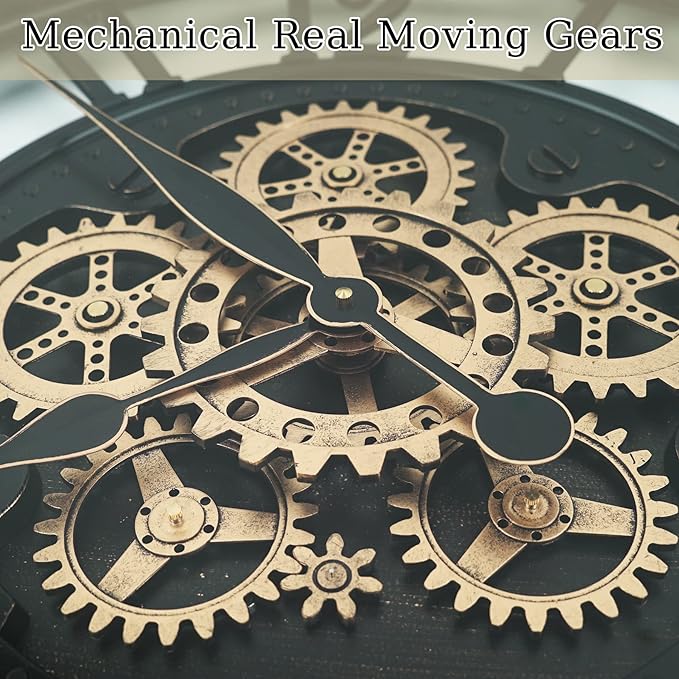 DORBOKER Real Moving Gears Wall Clock Large Modern Metal Clocks for Living Room Decor, Industrial Steampunk Unique Vintage Rustic Decorative Clock for Home Farmhouse Office, 21 Inch Black Gold Arabic