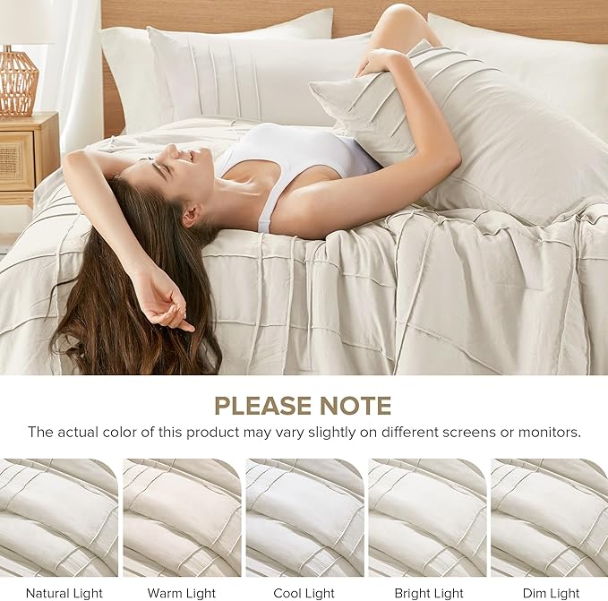Comfort Spaces Cream King Size Comforter Set - 3 Pieces Pintuck Pleated Bedding Sets, All Season Lightweight, Extra Softness Pre-Washed Microfiber King Bed Set, Shams