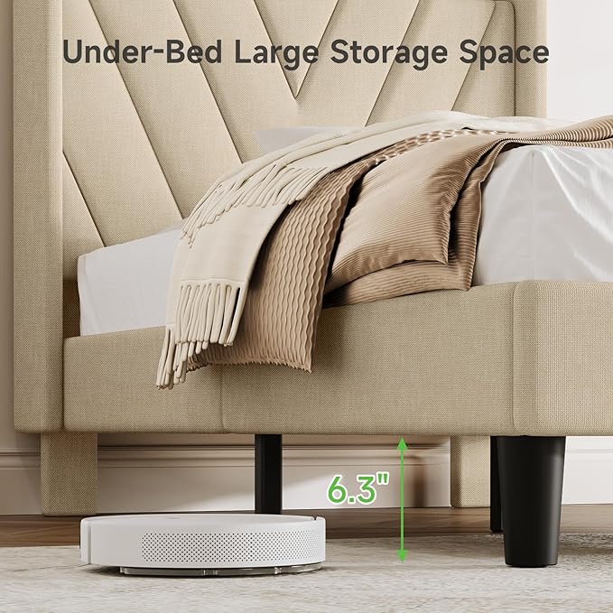 koorlian Twin Size Bed Frame with Headboard, Adjustable Upholstered Platform Bed Frame with Type-C&USB Ports for Kids, Wingback Storage Headboard, Solid Wood Slats Support, No Box Spring Needed, Beige