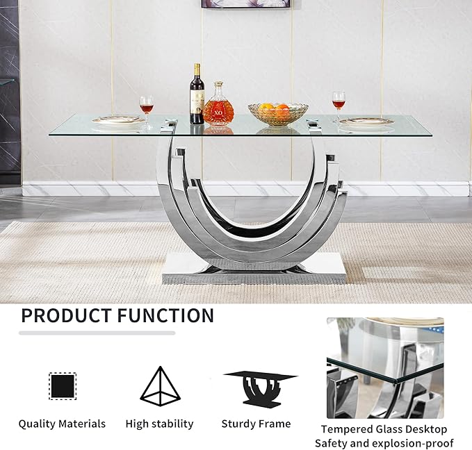 7 Piece Dining Table Set with 6 Blue Dining Chairs, Modern Glass Kitchen Table and Chairs Set for 6, 70" Rectangle Silver Glass Pedestal Dining Room Tables with Ring-Shape Stainless Steel Base
