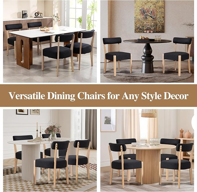 Dining Chairs Set of 4, Mid-Century Modern Wooden Kitchen Chairs with Linen Upholstery - Low-Back Woven Design for Kitchen & Dining Room，Black Fabric
