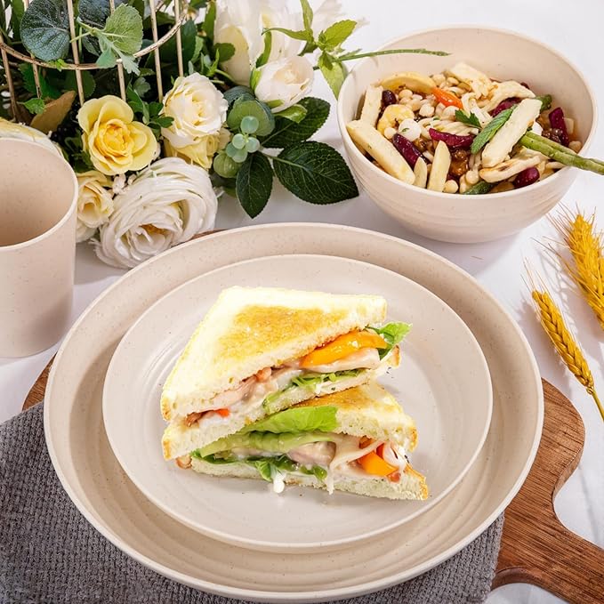LIYH 16 Pcs Beige Wheat Straw Dinnerware Sets - Unbreakable Dinner Cream Plates,for 4 Plates and Bowls Set, Plastic Dinnerware Set Wheat Straw Bowls Cups Dish for 4 for Kitchen & Camping