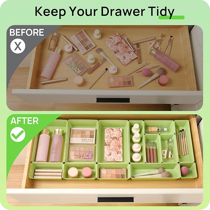Vtopmart 25 PCS Plastic Drawer Organizers Set, 4-Size Versatile Bathroom and Vanity Drawer Organizer Trays, Storage Bins for Makeup, Bedroom, Kitchen Gadgets Utensils and Office