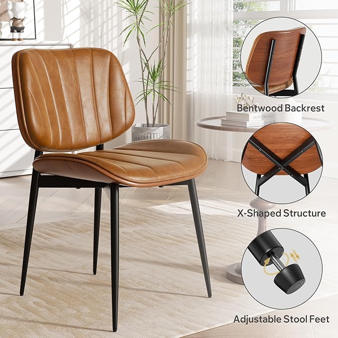 Dining Chairs Set of 8, Mid Century Modern Dining Room Chair, Upholstered Faux Leather Kitchen Chairs with Walnut Bentwood Back and Metal Legs for Kitchen Dining Room Living Room, Brown