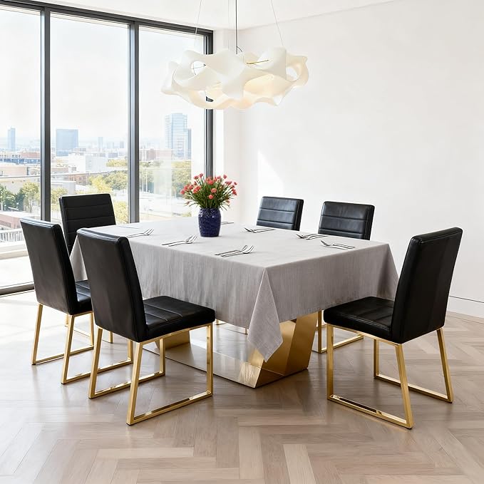 Modern Dining Chairs Set of 2, White Faux Leather Kitchen Chairs, Upholstered Armless Dining Room Chair with Gold Mental Legs Heavy Duty, Comfortable (Black and Gold, Set of 2)