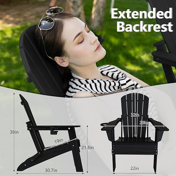 Plawdlik Folding Adirondack Chair, SGS Tested, Wooden Textured with Cup Holder, Heavy All-Weather HDPE Comfortable Set Poolside Backyard Lawn Black