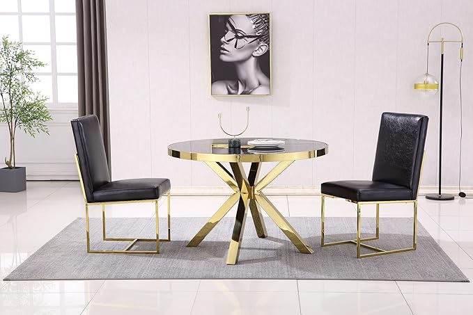 AUZ Dining Chairs, Black and Gold Faux Leather Upholstered Dining Room Chairs with Polished Stainless Steel Legs, Set of 2