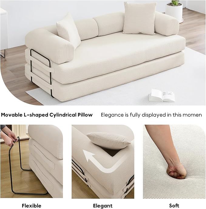 Convertible Sleeper Sofa Bed with Cylindrical Pillow, Corduroy Folding Mattress Couch with Fixed-Shape Frame, Floor Sofa Lounge Couch for Living Room Bedroom Lounge Studio, Beige