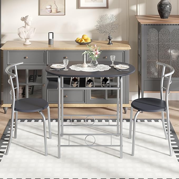 VECELO 3-Piece Dining Table Set for Kitchen Breakfast Nook, Wood Grain Oval Tabletop and Metal Frame with Built-in Wine Rack, for Small Spaces, Black & Silver