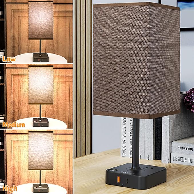 cozoo Bedroom Lamp Touch Control Bedside Table Lamp with USB C & USB A Charging Ports and 2 AC Outlets,Modern LED Desk Light with Charger Base Brown Fabric Shade for Bedroom/Nightstand/Office/Decor