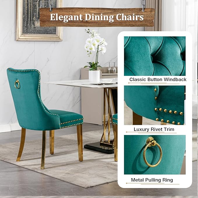 70" Marble Dining Table Set for 6, Modern 7 Piece Dining Room Table Set with White Faux Marble Dining Table & 6 Green Velvet Upholstered Chairs, Luxury Gold Kitchen Table Chairs Set of 6