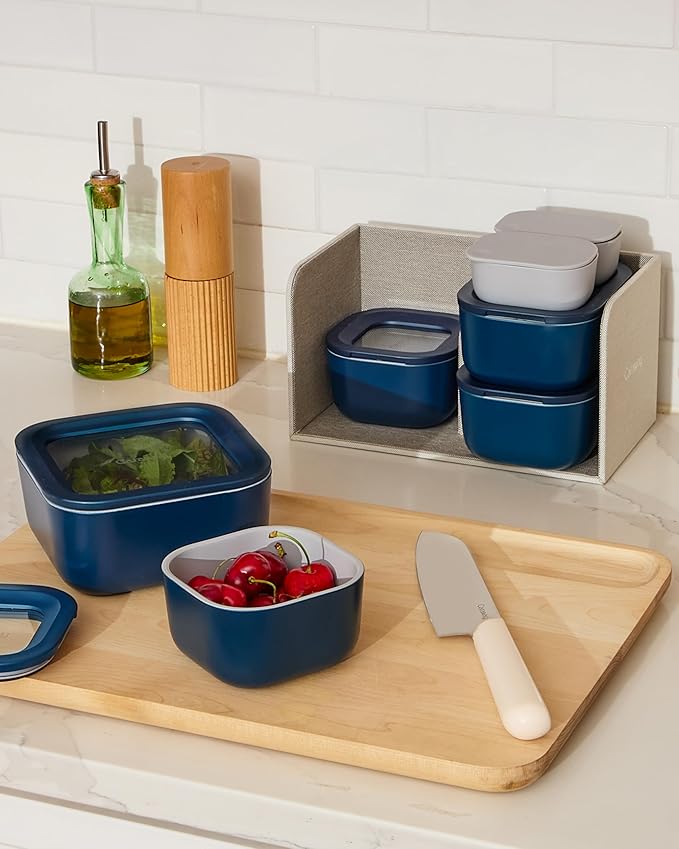 Caraway 22pc Glass Food Storage Set - Storage Containers for Food - Non-Toxic Ceramic-Coated Glass - Air Release Technology - Compact & Stackable Design - Cream