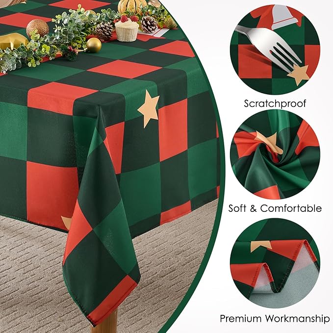 Christmas Tablecloth Rectangular 60x102 Inch Waterproof Table Cloth for 6ft, Washable Polyester Table Cover for Xmas Party, Winter Holiday Home Decoration in Festive Checkered Star 1pack