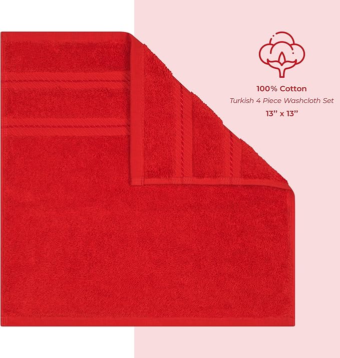 American Soft Linen Luxury Washcloths for Bathroom, 600 GSM 100% Cotton 4 Piece Turkish Wash Cloth Set, 13x13 in Soft Rags for Body and Face, Red Washcloths