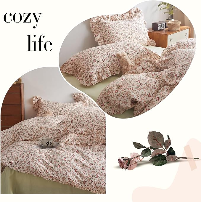 Vintage Floral Duvet Cover King 100% Cotton Pink Flower Duvet Cover with 2 Ruffle Pillowcases Girls Boho Lace Floral Bedding Set Aesthetic Garden Style Botanical Comforter Cover King with Zipper Ties