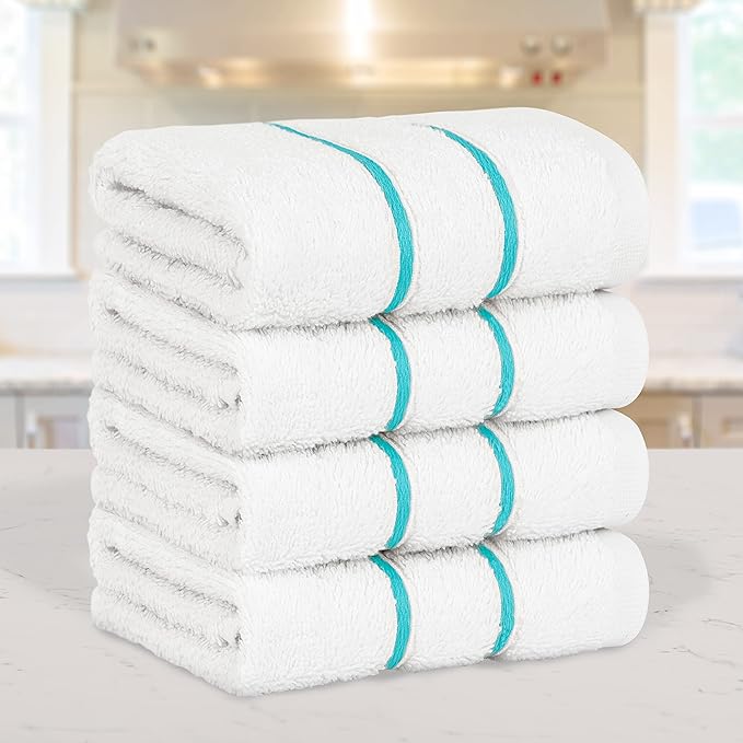 4 Packed White Washcloth Set, 100% Turkish Cotton Washcloths Washrags, Small Hand Face Towels for Bathroom and Kitchen, Turquoise Blue