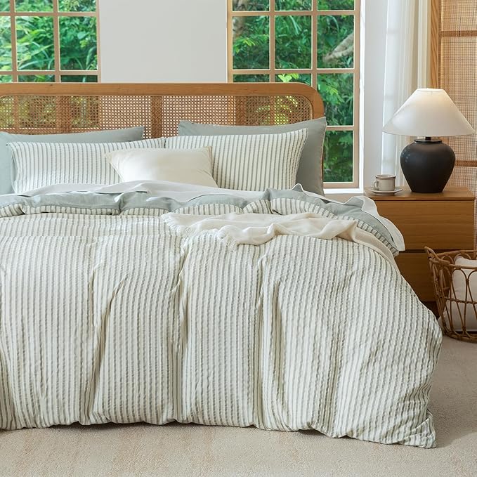 King Size Comforter Set Sage Green Striped 100% Soft Washed Microfiber Jacquard 3 Pieces Striped Bedding Sets Green White Comforter for All Seasons and 2 Pillowcases Comfort Breathable