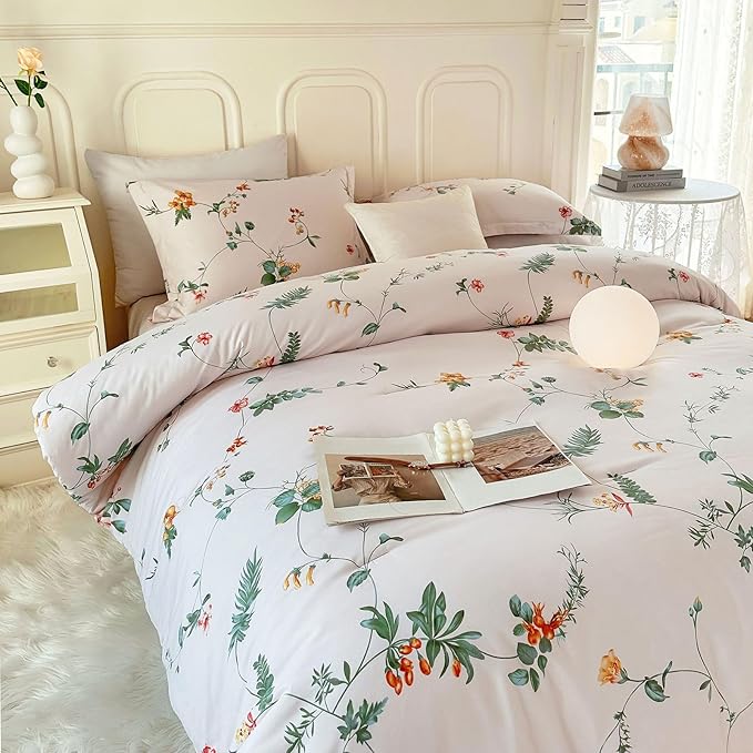 EAVD Garden Floral Comforter Set Queen Vintage Chic Botanical Floral Leaves Patten Aesthetic Comforter Soft Washed Microfiber Bedding Comforter Set 1 Comforter and 2 Pillowcases