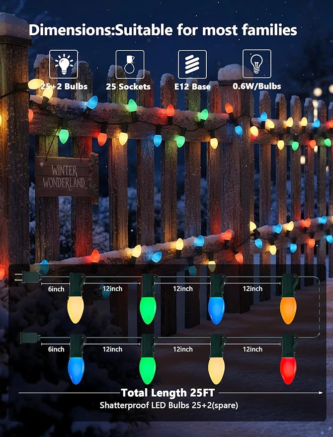 C7 LED Vintage Christmas Lights 25FT Outdoor String Lights – Multicolor Shatterproof and Waterproof LED Christmas Lights with 27 Bulbs (2 Spares) for Porch, Patio, Tree, and Garden Holiday Decor
