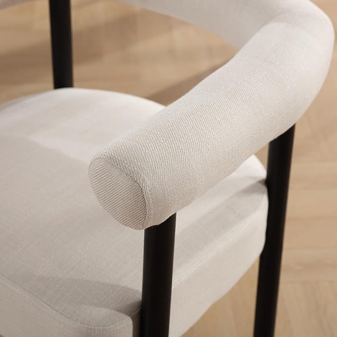 Beige Linen Dining Chairs Set of 2, Modern Upholstered Curved Backrest Kitchen Dining Room Chairs Accent Armchairs with Black Wood Legs, Beige Linen
