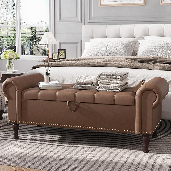 Apicizon 51” Bench with Storage, Upholstered Tufted Button Bedroom Bench with Storage, Faux Leather Ottoman Bench for Bedroom, Living Room, Entryway, Yellow Brown