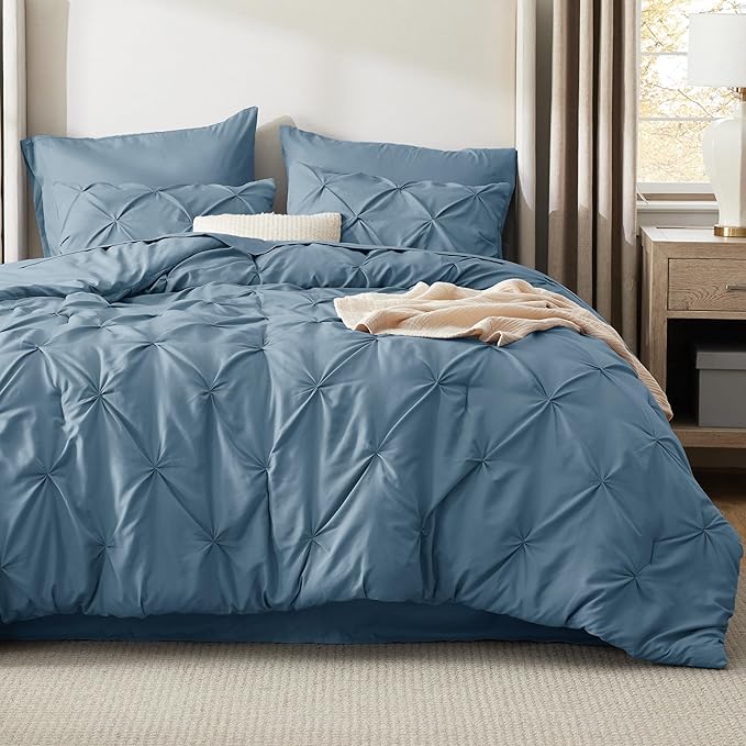 Bedsure King Size Comforter Set Mineral Blue - Bed in a Bag Bedding Set 7 Pieces, GentleSoft™ Pintuck Bed Set Gift for Family, Pinch Pleat Mineral Blue Comforter with Sheets, Pillowcases & Shams