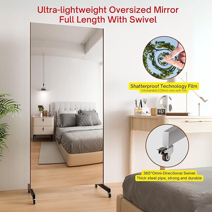 brisafe Home Gym Mirror 360° Swivel on Wheels, 75" X 36" Extra Large Full Body Rolling for Yoga, Nano Film Super Lightweight Unbreakable Full Length Mirror（White）