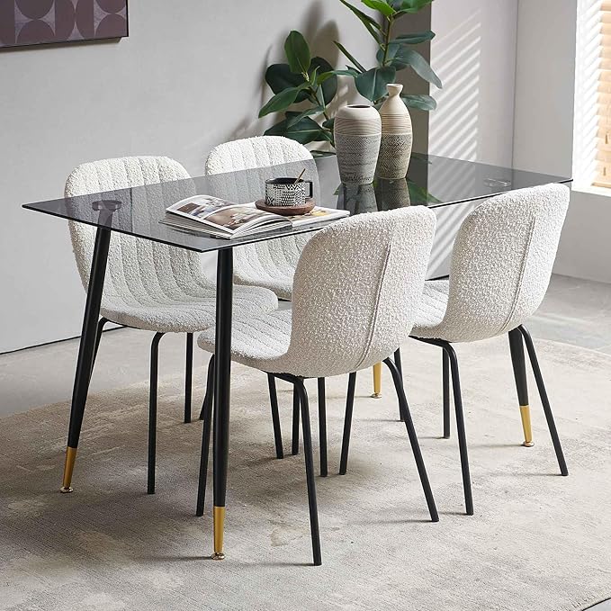 Dining Chair Upholstered Set of 4, Modern Home Kitchen Chairs Boucle Tufted Living Room Chairs with Backrest, Comfy Side Chair with Black Metal Legs
