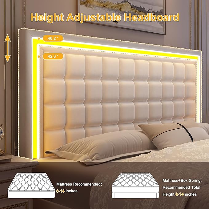 King Bed Frame with LED Lights & Storage Drawers, No Box Spring Needed, Heavy Duty 900lbs Weight Capacity, Easy Assembly, Modern Upholstered Platform Bed, Velvet Cream