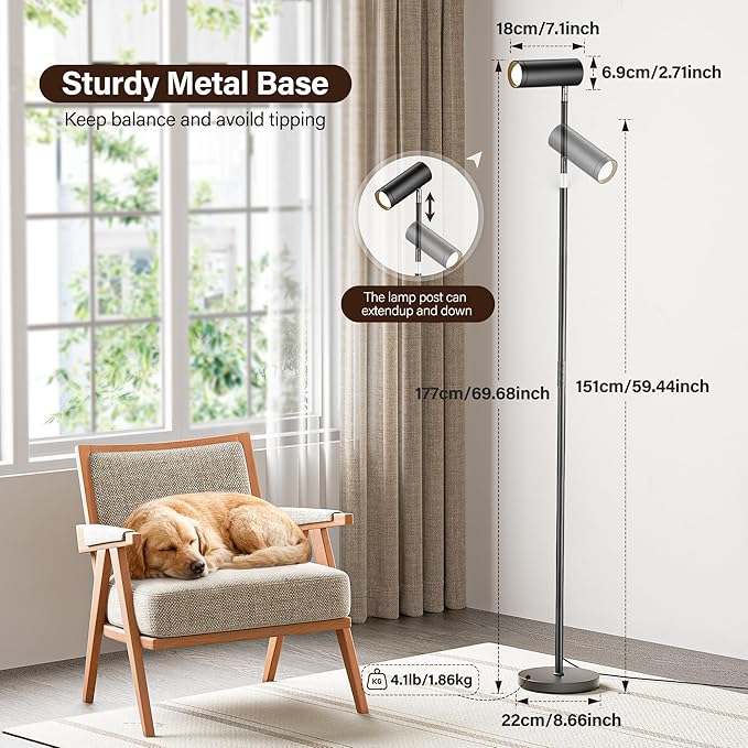 Adjustable Floor Lamp, SIBRILLE Modern Stepless Dimmable Torchiere Tall Lamp with Remote Control, 350°Rotating Head Standing Lamp, Reading Floor Lamp for Living Room, Bedroom, Office & Wall Art, Black