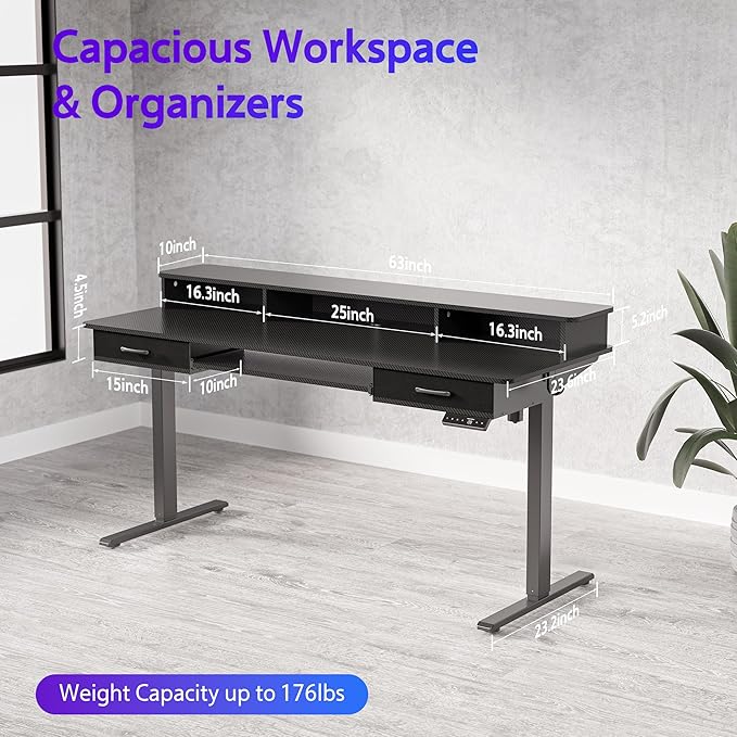 63x24 Inches Electric Standing Desk with Keyboard Tray, Height Adjustable Stand up Desk with 2 Drawers, Ergonomic Sit to Stand with Storage Monitor Stand, Computer Table, Black