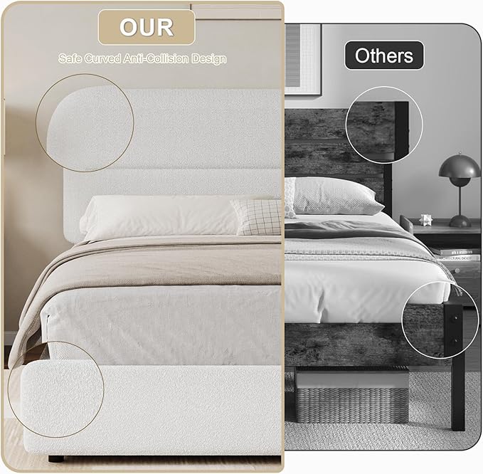 HOMBCK Full Size Bed Frame, Boucle Upholstered Bed Frame Full with Headboard and Thickened Footboard, Rounded Corners, No Box Spring Needed, Easy Assembly, White