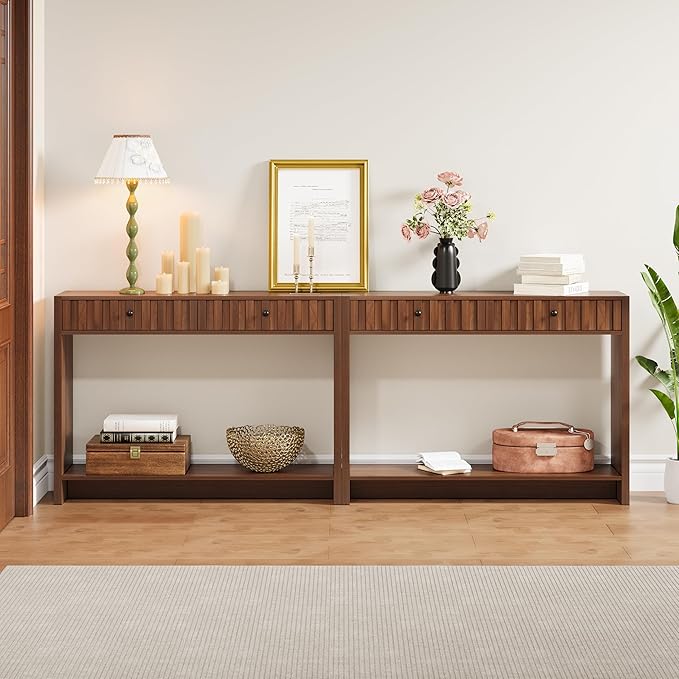 AVZEAR Entryway Console Table with Fluted Drawers, Mid Century Entryway Table with Storage, 43" Long Couch Table Behind Sofa Narrow Sofa Table Console Tables for Living Room Hallway Entrance, Walnut