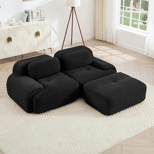 80" Modern Corduroy Boneless Love Seat Couches with 1 Ottoman, 2 Seater Large Sectional Couches for Living Room, Black Cloud Modular Sectional Sofa, Memory Foam, Extra Deep Loveseat, No Assembly