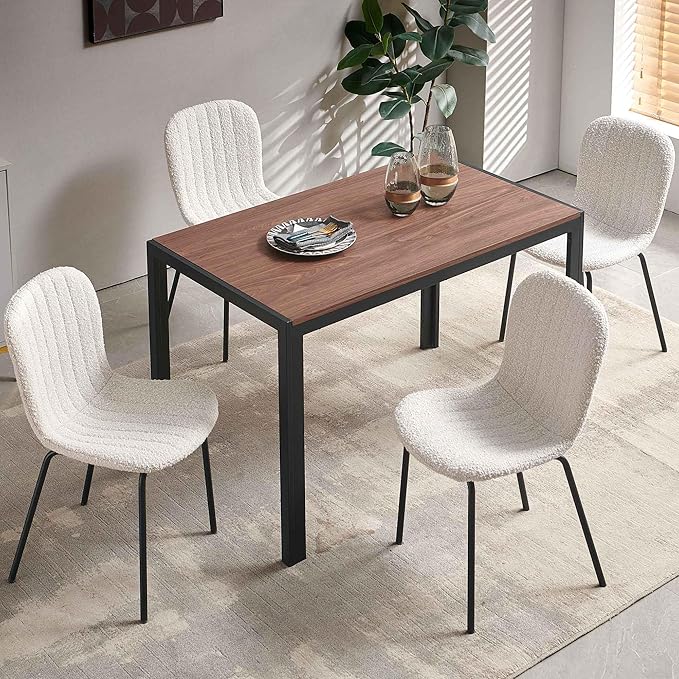 Modern Dining Table Set for 4, 47" Solid MDF Table Faux Wood Industrial Style Kitchen Table Set with 4 Beige Boucle Dining Chairs for Breakfast Nook, Dinette