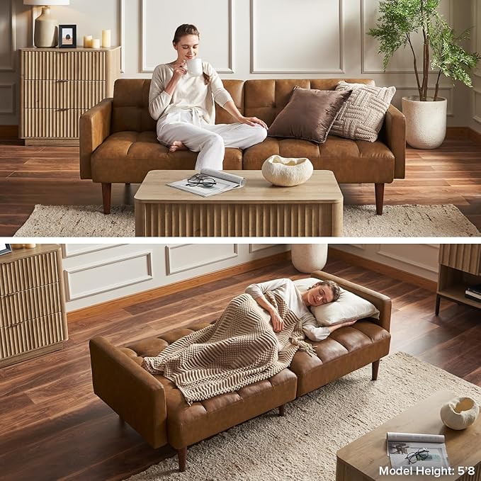 mopio 76.4" Futon Sofa Bed, Couch, Loveseat, Sleeper Sofa, Mid Century Modern Futon Couch, Sofa Cama, Couches for Living Room (Aaron PU, Midnight Black)