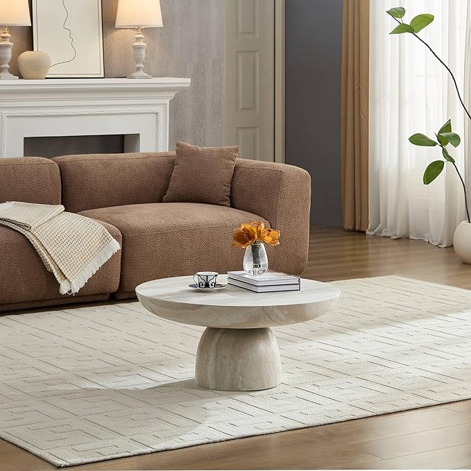 31.5" Round Coffee Table for Living Room,Cave's Stone Surface Fiberglass,Beige