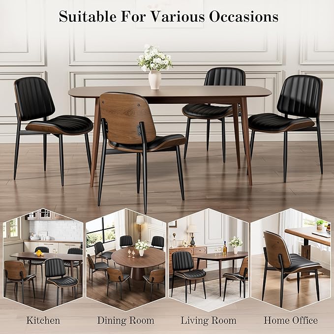 Dining Chairs Set of 6, Mid-Century Modern Upholstered PU Leather Chairs with Walnut Bentwood Back and Metal Legs Adjustable Feet for Kitchen Dining Living Room, Dark Black Vertical Stripes