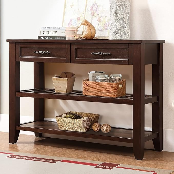 KEIKI 42”L Pine Solid Wood Entryway Console Table with 2 Storage Drawers, Mid-Century Retro Behind Couch Sofa Table with 2 Tiers Open Shelf for Hallway, Entrance, Entry Way, Living Room, Foyer