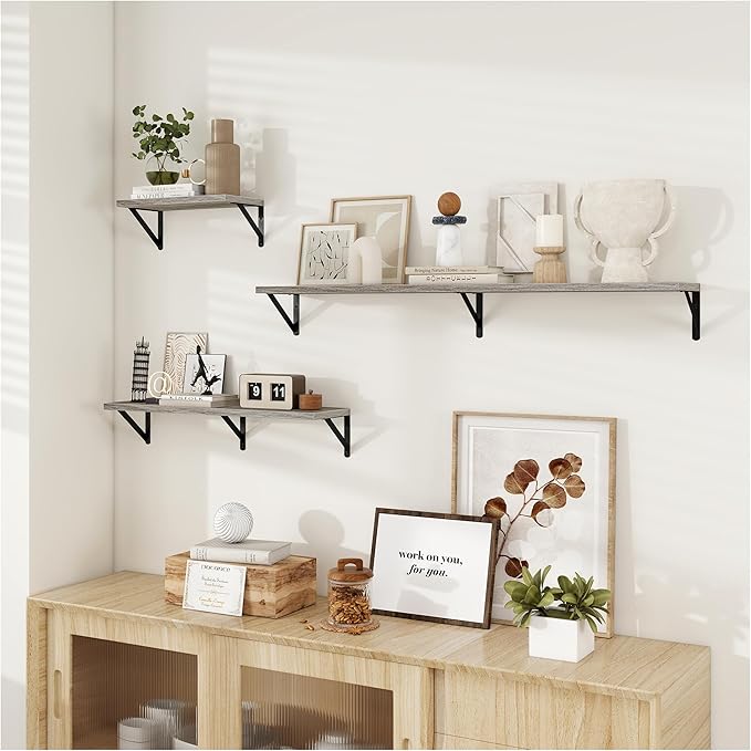 Dreamland 8 inch Deep Floating Shelves for Wall, 55W x 8D Wall Mounted Shelves Set of 2, Wide Display Ledge Shelf with Sturdy Metal Brackets for Living Room, Bathroom, Bedroom and Kitchen, Grey