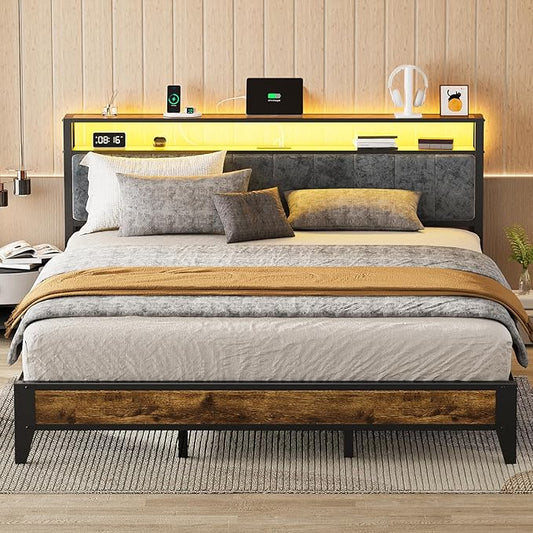OLEVS King Bed Frame with Headboard, Metal Platform Bed King Size with 2-Tier Storage, LED Light & Charging Station Type C, No Box Spring Needed, Easy Assembly